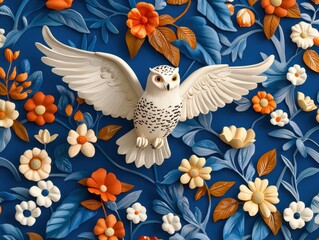 Obraz premium Majestic snowy owl in mid-flight with its wings outstretched, representing grace, nature, and the wild