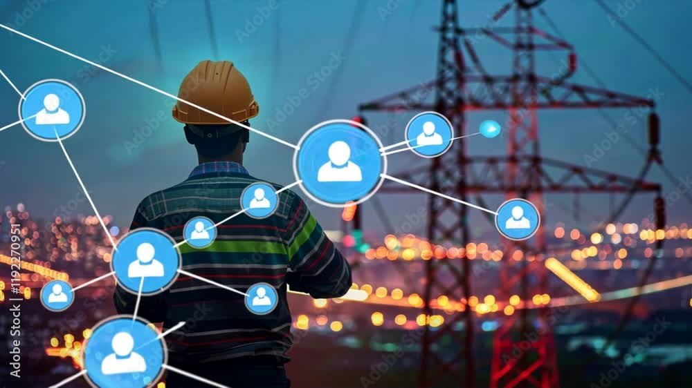 Poster worker in hard hat observing power lines, showcasing technology and communication in energy infrastr
