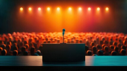 business growth, expansion and optimization concept. Microphone on a podium with a blurred audience and colorful stage lights in the background.