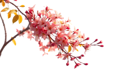 Cherry blossom flower on tree branch with pink petals and leaves in spring season