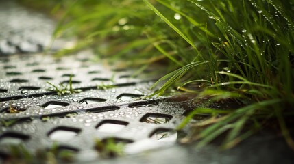 Close-Up View of Water Droplets on a Patterned Surface Surrounded by Fresh Green Grass in a Natural Outdoor Setting