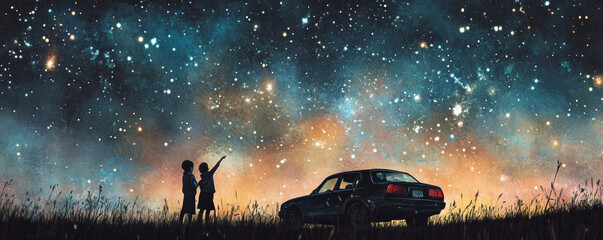 Children pointing at stars under starry sky with parked car nearby, creating magical and adventurous atmosphere filled with wonder and curiosity