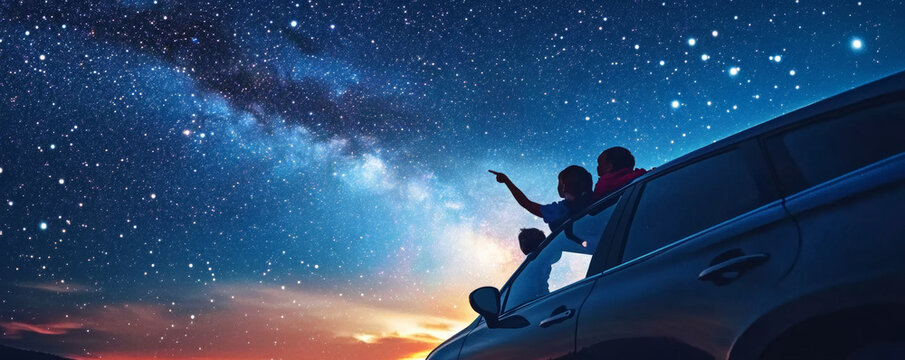 Car parked under starry sky with mother and children enjoying view, pointing at stars. beautiful night filled with wonder and connection