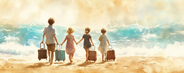 Children dragging their small suitcases along beach, enjoying sunny day by ocean. Their excitement is palpable as they head towards waves