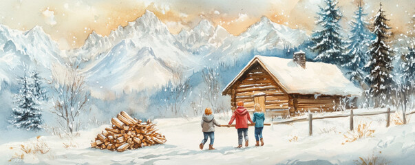 Children carrying firewood in snowy landscape with mountains and cabin. scene captures warm, family moment amidst winter beauty