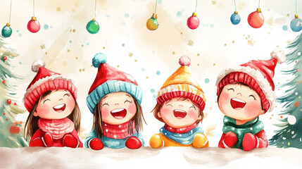Children wearing colorful hats and scarves, joyfully celebrating festive season with bright smiles and holiday decorations in background