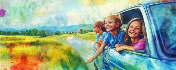 Children enjoying joyful ride, leaning out of car window, smiling brightly against vibrant landscape of fields and mountains, capturing essence of carefree childhood