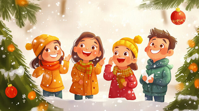 Cheerful children celebrating winter with snow, wearing colorful hats and scarves, surrounded by festive decorations and trees. Their excitement is contagious
