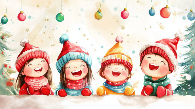 Children wearing colorful hats and scarves, joyfully celebrating festive season with bright smiles and holiday decorations in background