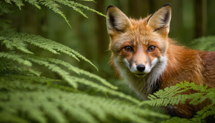 Fototapeta premium Red fox peeking through tall ferns in a dense forest with sunlight filtering through the canopy