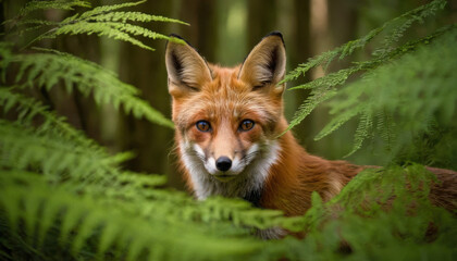 Fototapeta premium Red fox peeking through tall ferns in a dense forest with sunlight filtering through the canopy