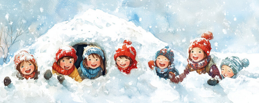 Children peeking out from snow fort, smiling joyfully in winter. Their colorful hats and scarves add cheerful touch to snowy landscape, creating delightful scene of play