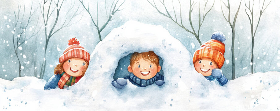 Children smiling and peeking out from snow fort, surrounded by winter scenery. Their colorful hats and scarves add cheerful touch to snowy landscape