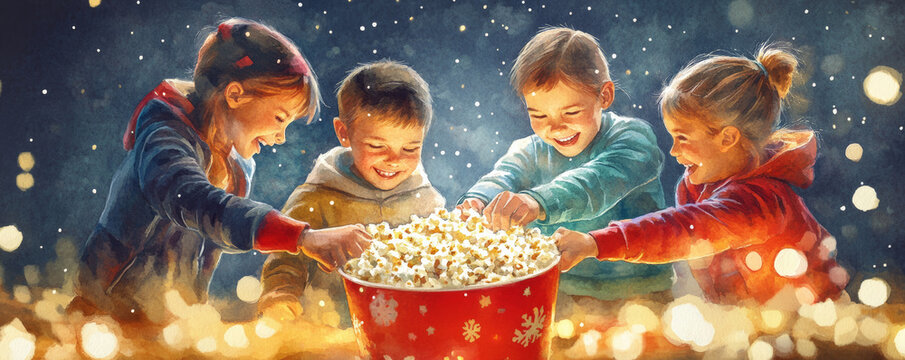 Children joyfully sharing large bowl of popcorn during festive celebration, surrounded by twinkling lights and magical atmosphere. Their laughter fills air
