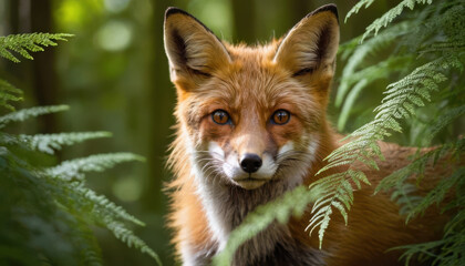 Fototapeta premium Red fox peeking through tall ferns in a dense forest with sunlight filtering through the canopy
