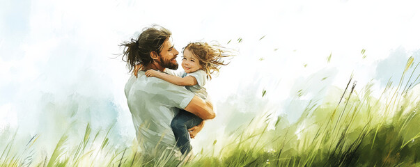 Father carrying daughter on grassy hilltop, joyful moment shared, sunlight illuminating their smiles, surrounded by nature beauty and gentle breeze