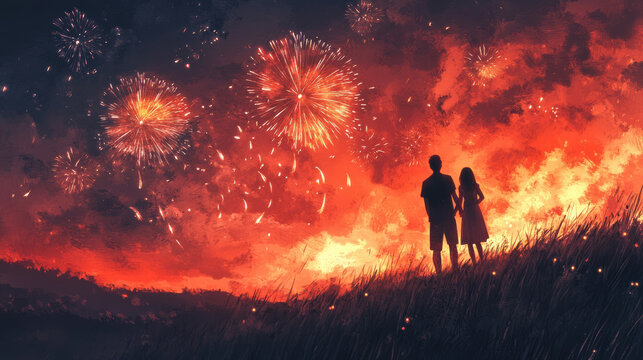 couple stands hand in hand on hilltop, watching vibrant fireworks illuminate night sky. scene is filled with warmth and joy, creating magical atmosphere