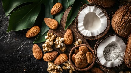 Almonds Walnuts and Coconuts Arranged on Dark Background