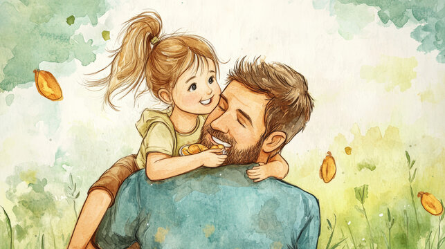 joyful daughter feeds her father snack while riding on his shoulders, surrounded by vibrant, nature inspired background. This heartwarming moment captures love and connection