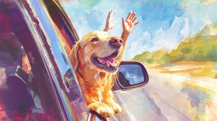 Golden Labrador joyfully hanging out of car window, with hands waving in air, capturing essence of freedom and happiness on sunny day