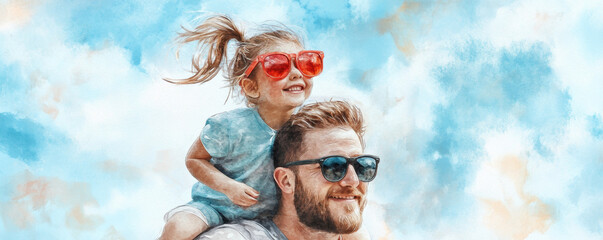 Father and daughter enjoying sunny day outdoors, with girl wearing bright sunglasses and sitting on her dad shoulders, both smiling joyfully