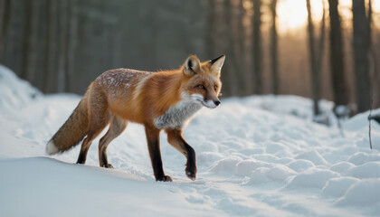 Obraz premium Red fox mid-stride on snowy forest path with delicate pawprints and crisp lighting