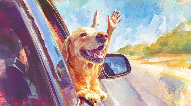 Golden Labrador joyfully hanging out of car window, with hands waving in air, capturing essence of freedom and happiness on sunny day