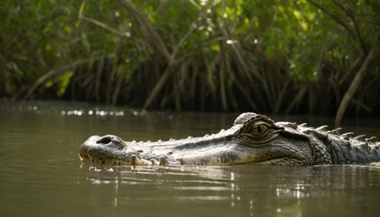 Fototapeta premium Crocodile partially submerged in river with eyes and snout visible surrounded by mangroves