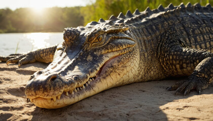 Fototapeta premium Close-up of crocodile basking on riverbank with glistening textured skin under sunlight