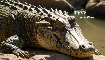 Obraz premium Close-up of crocodile basking on riverbank with glistening textured skin under sunlight