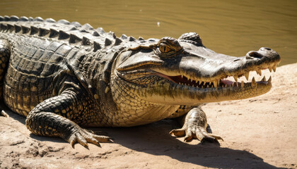 Fototapeta premium Close-up of crocodile basking on riverbank with glistening textured skin under sunlight