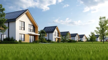 Obraz premium Architect project concept. Modern homes with solar panels in a green landscape under a clear blue sky.