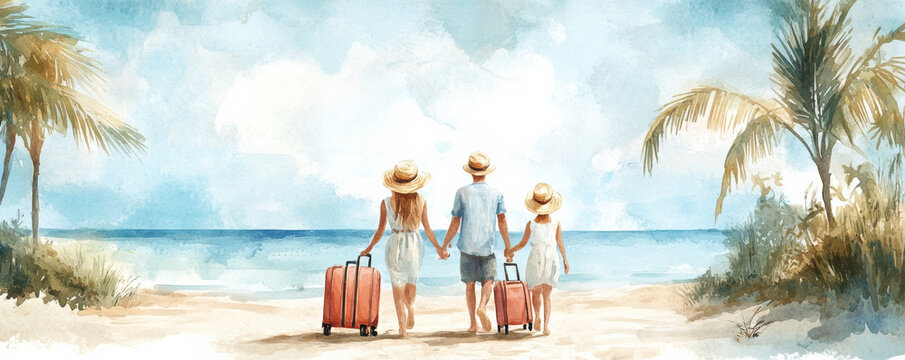 family walking on beach with suitcases, enjoying vacation. scene captures sunny day with palm trees and serene ocean view, evoking feelings of joy and togetherness
