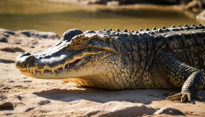 Fototapeta premium Close-up of crocodile basking on riverbank with glistening textured skin under sunlight