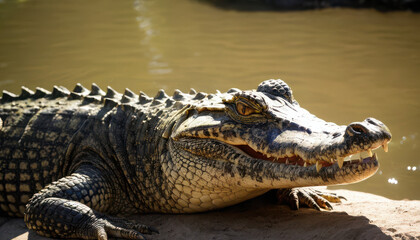 Obraz premium Close-up of crocodile basking on riverbank with glistening textured skin under sunlight