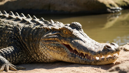 Fototapeta premium Close-up of crocodile basking on riverbank with glistening textured skin under sunlight