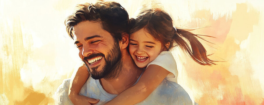 Father and daughter laughing together, sharing joyful moment outdoors, with warm colors and playful atmosphere that captures their bond and happiness