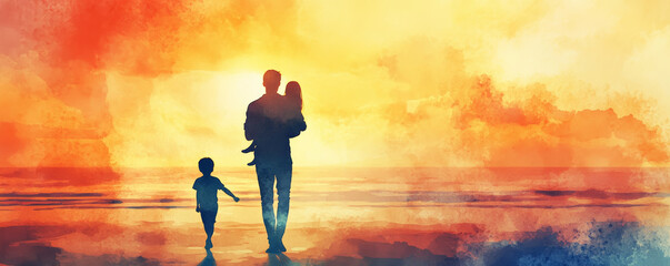 Father carrying daughter along beach at sunset, with son walking beside them, creating warm and joyful family moment. vibrant colors of sunset enhance emotional atmosphere