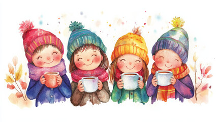 Warm and cheerful children enjoying hot drinks together in winter hats. Their excitement and joy create delightful atmosphere of friendship and togetherness