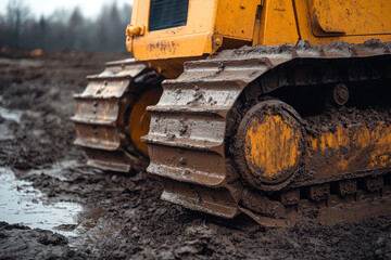 Close-up of muddy tracks on a yellow construction vehicle in a worksite environment.