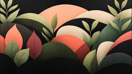 Abstract landscape with layered hills and stylized foliage in soft pastel colors on dark background