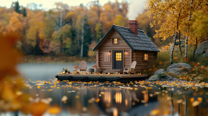 Fototapeta premium cozy lakeside cabin surrounded by autumn trees, with warm lights glowing inside and peaceful dock adorned with chairs and fallen leaves, reflecting on calm water