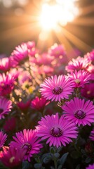 Vibrant pink flowers basking in the warm glow of a setting sun, showcasing their delicate petals and radiant colors.