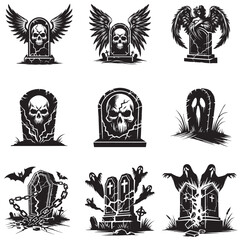 Set of Horror Headstone Silhouette illustration vector, Scary Grave clipart design

