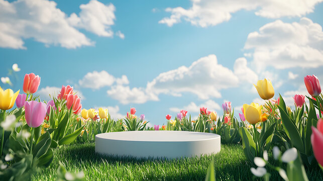 spring themed 3d podium stage with vibrant floral accents, fresh seasonal elements, and natural ambiance, perfect for product presentations, branding, marketing, or showcasing designs.