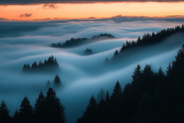 Fototapeta premium Serene landscape of rolling fog over trees at sunset, creating a tranquil atmosphere.