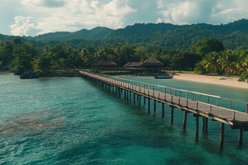 Scenic view of a wooden pier leading to a beach surrounded by lush greenery and mountains.