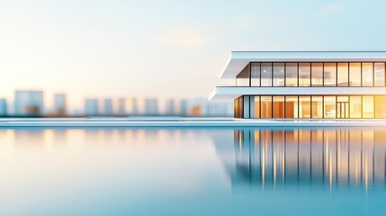 Fototapeta premium Architect blueprint idea. Modern architectural design reflecting on serene water at sunrise.