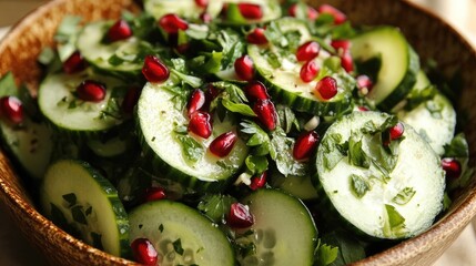 A vibrant salad with crisp greens, cucumber ribbons, and pomegranate seeds, perfect for healthy lifestyle branding