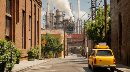 cinematic street level view of urban industrial area with yellow taxi in foreground, brick...